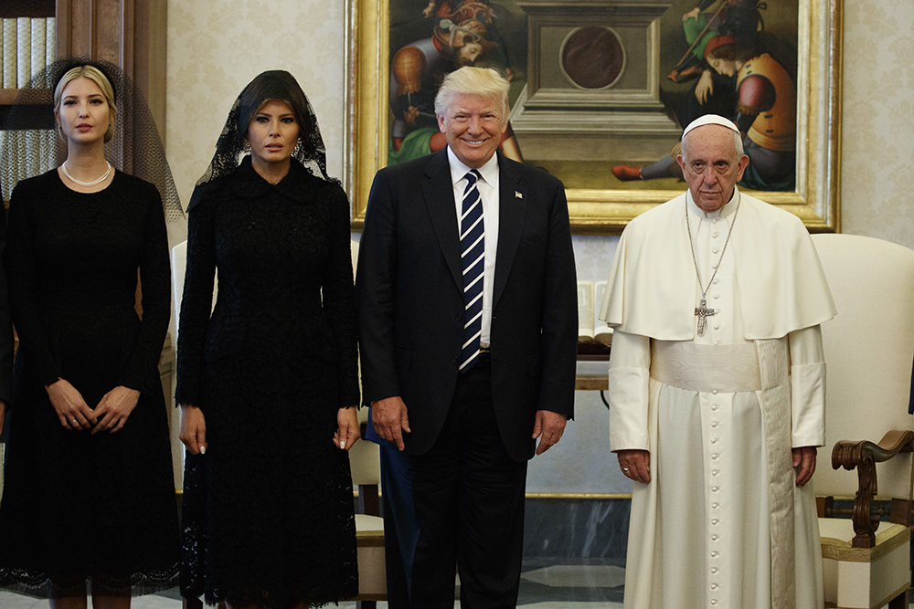 Ivanka Trump, first lady Melania Trump, and President Donald Trump stand with Pope Francis during a meeting, Wednesday, May 24, 2017, at the Vatican. (AP Photo/Evan Vucci, File)