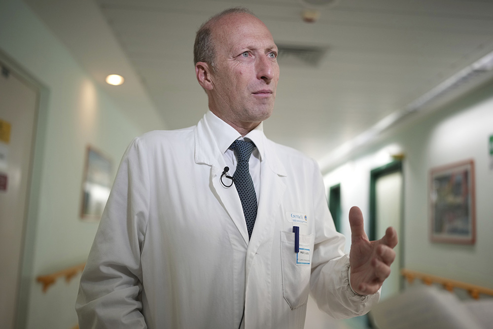 Professor and surgeon Sergio Alfieri, who headed the team who treated Pope Francis during his hospitalization, talks during an interview with the Associated Press at the Gemelli polyclinic hospital in Rome March 29, 2025. (AP Photo/Alessandra Tarantino)