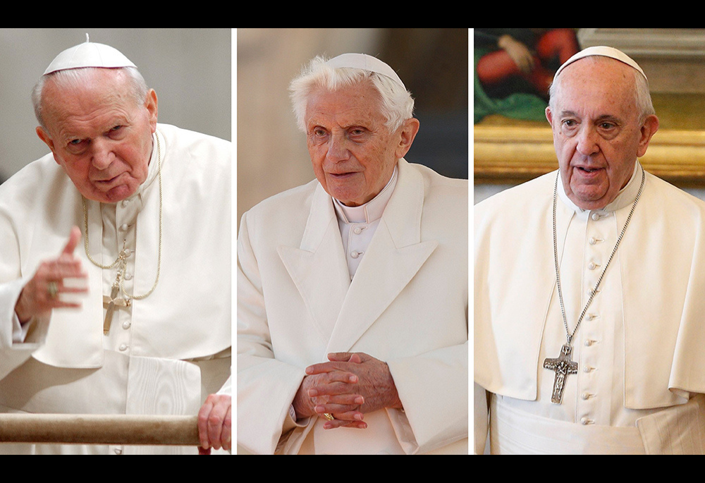 Pope John Paul II, left, Pope Benedict XVI and Pope Francis are seen in this composite photo. (CNS composite/Photos by Catholic Press Photo/Max Rossi; Paul Haring; Paul Haring)
