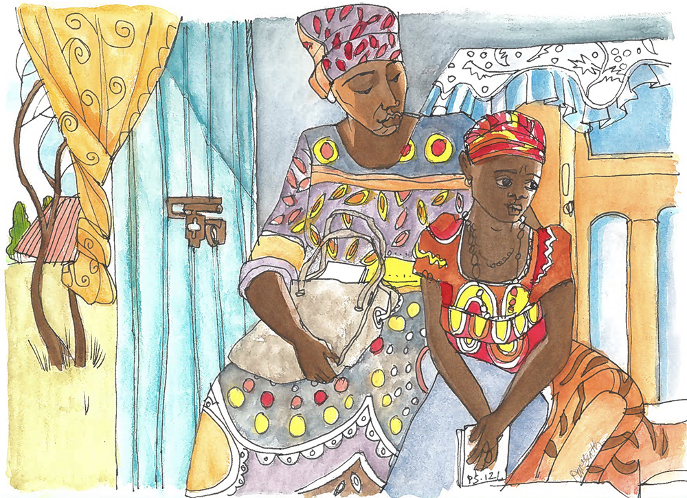 Br. Mickey McGrath shares sketches and stories from trips to Guatemala and Kenya, where he met people who have benefited from the programs and ministries of Catholic Relief Services. Francesca, drawn here in her home in Kenya, prays Psalm 121 every morning. (Mickey McGrath)