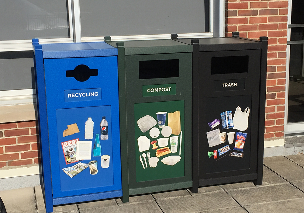 Recycle bins are seen on the campus of the University of Dayton in Ohio. Pope Francis' encyclical on the environment has prompted some U.S. Catholic universities to undertake green projects. (CNS/Courtesy University of Dayton)