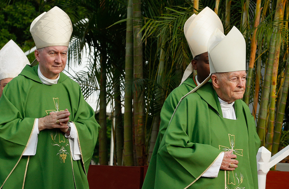 Cardinal Pietro Parolin, Vatican secretary of state, and then-Cardinal Theodore McCarrick arrive for Pope Francis' celebration of Mass in Revolution Square in Havana Sept. 20, 2015. (CNS/Paul Haring)