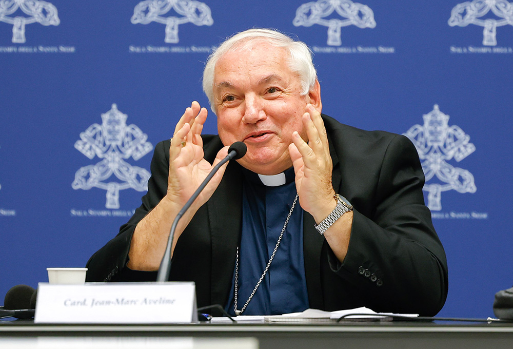 Cardinal Jean-Marc Aveline of Marseille, France, speaks during a briefing about the assembly of the Synod of Bishops on synodality at the Vatican Oct. 23, 2023. (CNS/Lola Gomez)