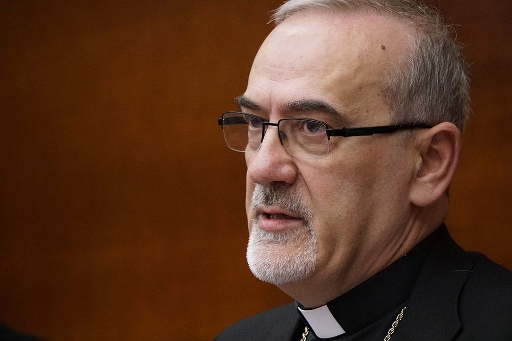 Cardinal Pierbattista Pizzaballa, patriarch of Jerusalem, speaks at a conference at the Pontifical Lateran University in Rome May 2, 2024. (CNS/Justin McLellan)