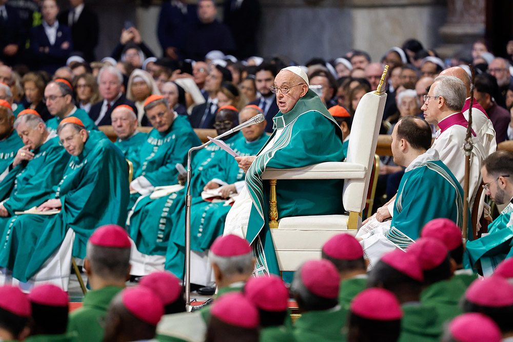 Pope Francis delivers his homily during the closing Mass of the synod on synodality in St. Peter's Basilica at the Vatican Oct. 27, 2024. (CNS/Lola Gomez)