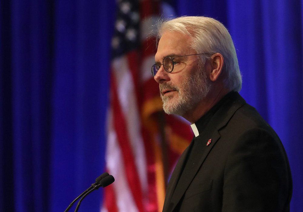 Archbishop Paul Coakley of Oklahoma City, chair of the U.S. bishops' Committee on Priorities and Plans, speaks during a Nov. 13, 2024, session of the fall general assembly of the U.S. Conference of Catholic Bishops in Baltimore. (OSV News/Bob Roller)