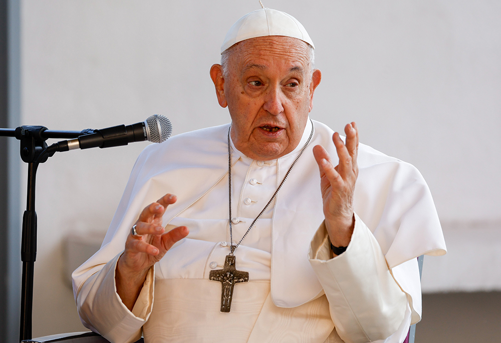 Pope Francis speaks to people who find themselves in a situation of economic hardship at the house of the Missionaries of Charity in Marseille, France, Sept. 23, 2023. Francis, formerly Argentine Cardinal Jorge Mario Bergoglio, died April 21, 2025, at age 88. (CNS/Lola Gomez)