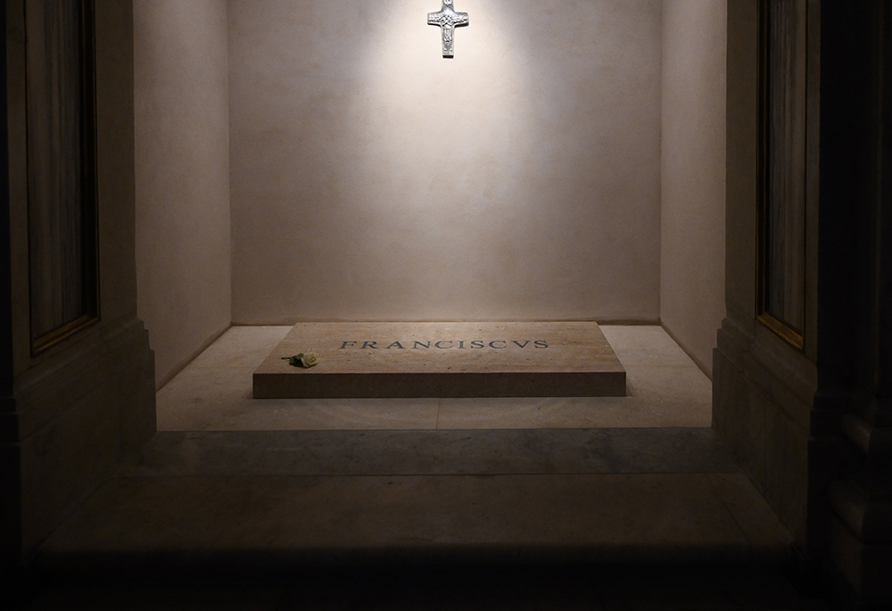 The name "Franciscus" is seen engraved on the tomb of Pope Francis inside the Basilica of St. Mary Major in Rome on April 27, 2025. (CNS/Lola Gomez)