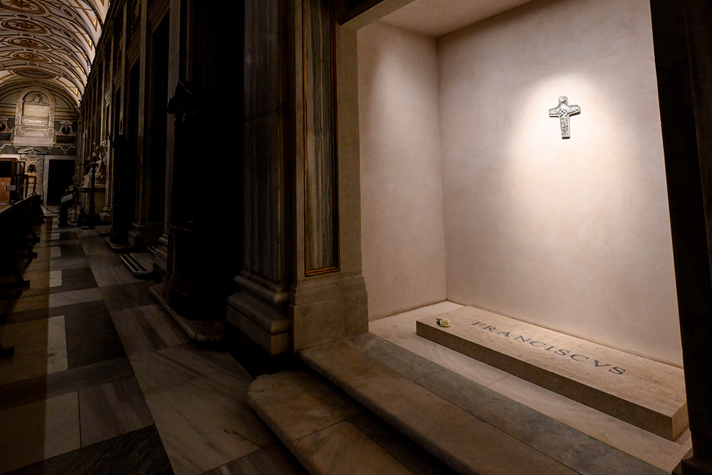 The name "Franciscus" is seen engraved on the tomb of Pope Francis inside the Basilica of St. Mary Major in Rome. The interletter spacing, or kerning, of the engraving has come under scrutiny from typographers and the general public alike. (CNS/Lola Gomez)