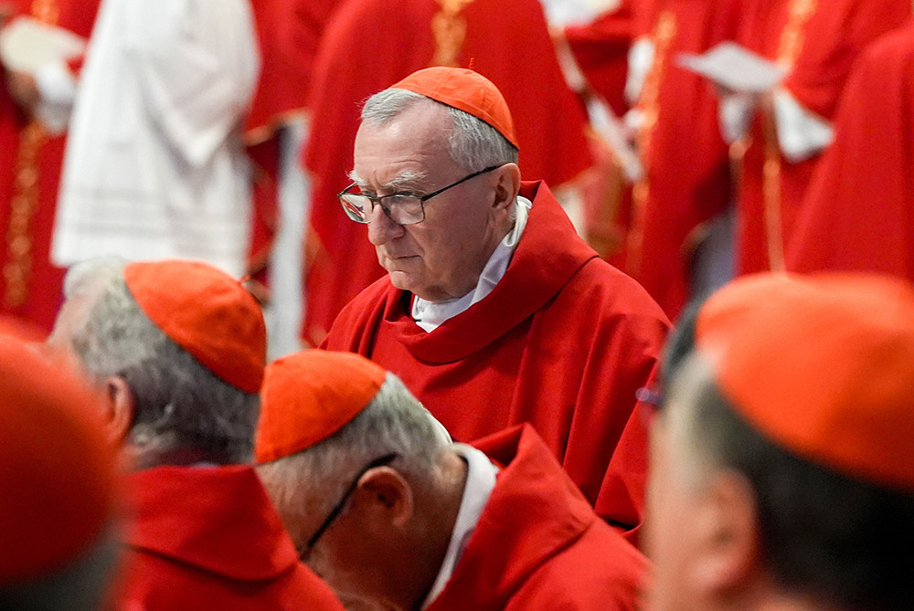 Cardinal Pietro Parolin, Vatican secretary of state under Pope Francis, processes into Mass on the fifth day of the "novendiali," nine days of mourning for the late pope, in St. Peter’s Basilica at the Vatican April 30, 2025. (CNS/Lola Gomez)