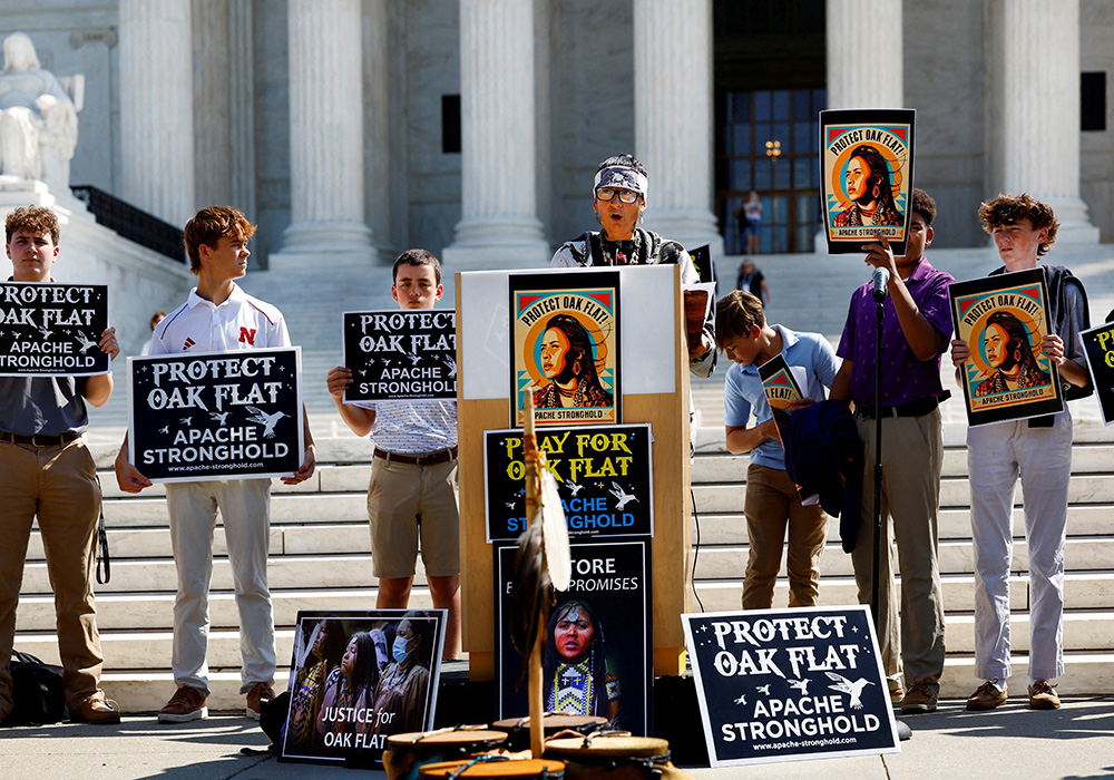 Members of the Native American coalition Apache Stronghold protest outside the U.S. Supreme Court, Sept. 11, 2024, in Washington. On May 9, a federal judge in Phoenix paused a land transfer of 2,400 acres — including the Western Apache sacred site, Oak Flat — to a foreign mining company while the Supreme Court considers a separate appeal on religious protection grounds. (OSV News/Reuters/Piroschka van de Wouw)