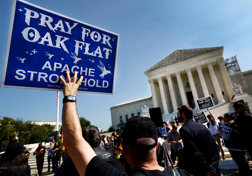 Members of the Native American coalition Apache Stronghold protest outside the U.S. Supreme Court in Washington Sept. 11, 2024, the day the coalition filed an appeal asking the high court to overturn a federal appeals court ruling allowing development of a copper mine in Oak Flat, Ariz., on a site Native Americans consider sacred. (OSV News/Reuters/Piroschka van de Wouw)