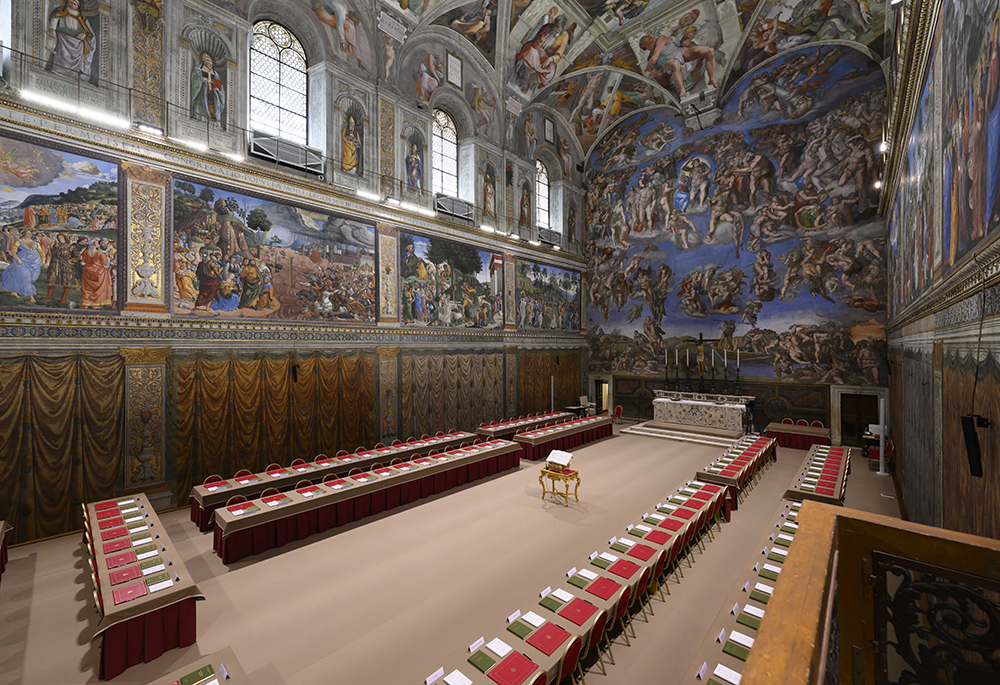The Sistine Chapel, arranged for the conclave to elect a new pope which begins May 7, is seen at the Vatican May 6, 2025. (CNS/Vatican Media)