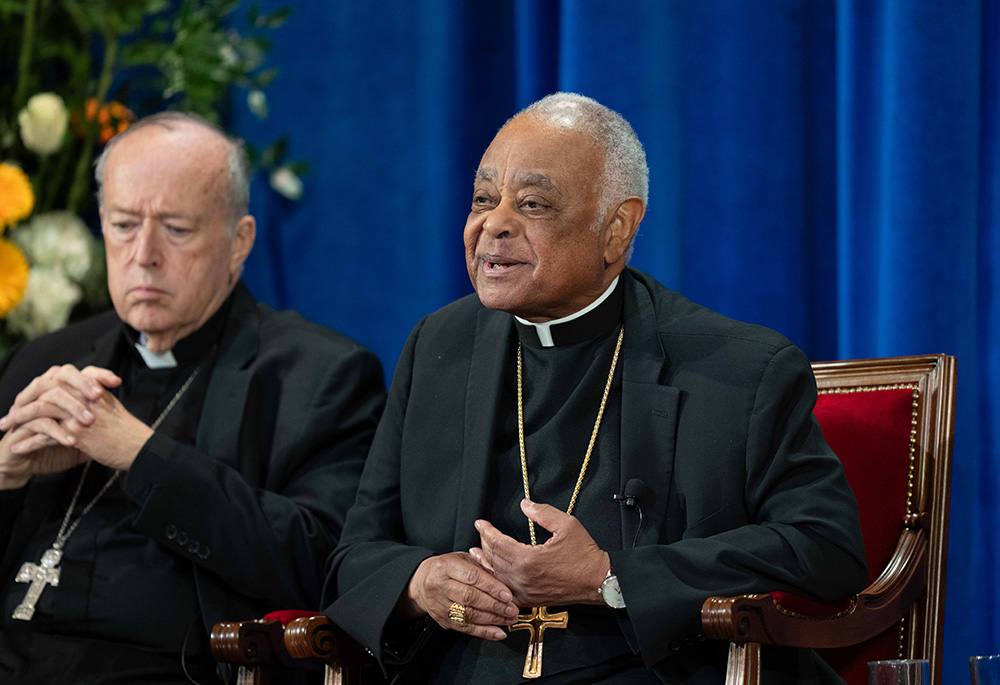 Cardinal Wilton Gregory, retired archbishop of Washington, speaks at a news conference May 9, 2025, at the Pontifical North American College in Rome while his successor, Cardinal Robert McElroy, listens. (CNS/Kendall McLaren)