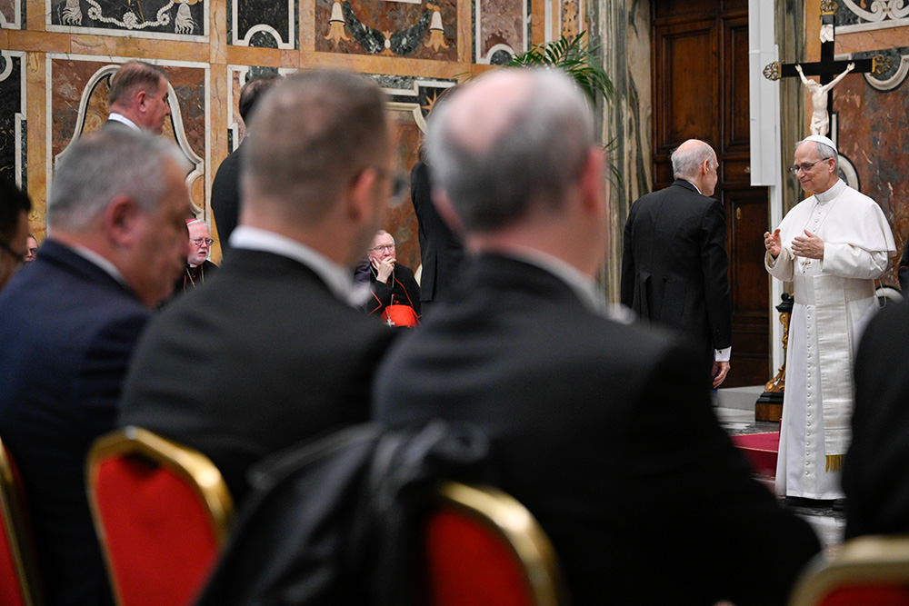 Pope Leo XIV greets a diplomat during an audience with the Vatican diplomatic corps in the Apostolic Palace's Clementine Hall at the Vatican May 16, 2025. (CNS/Vatican Media)