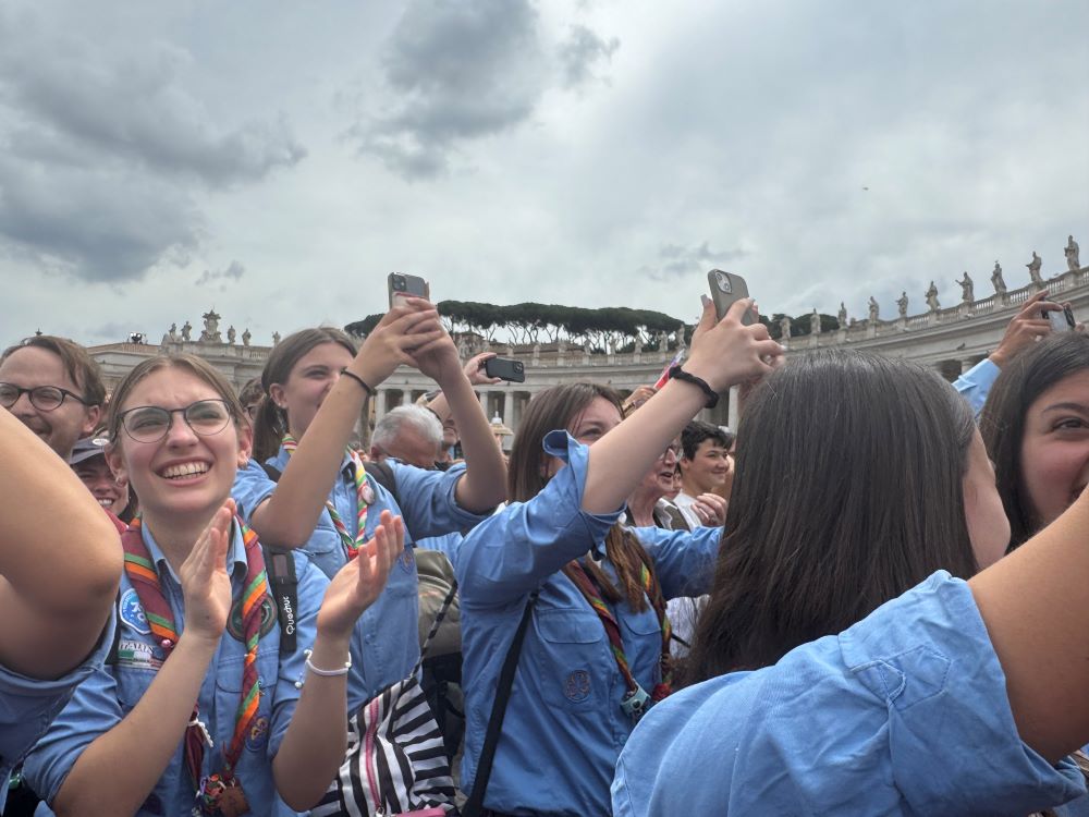 An Italian youth group joined an estimated 100,000 people in St. Peter's Square for Pope Leo XIV's "Regina Caeli" blessing May 11. (NCR photo/Rhina Guidos) An Italian youth group joined an estimated 100,000 people in St. Peter's Square for Pope Leo XIV's "Regina Caeli" blessing May 11. (NCR photo/Rhina Guidos)