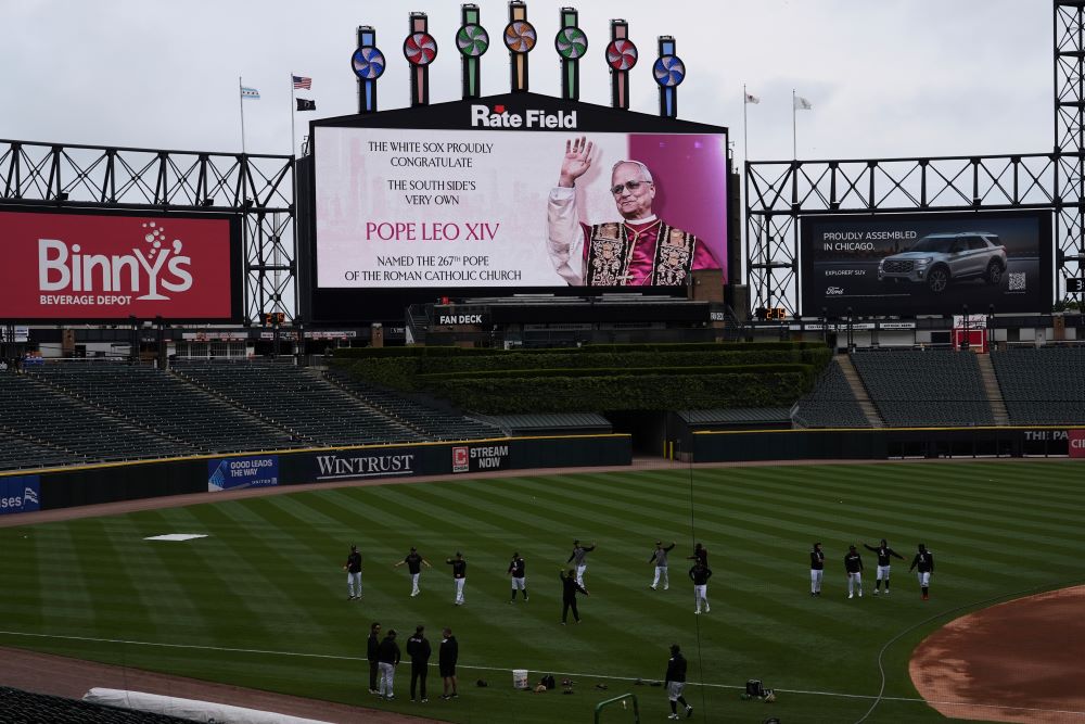 The Chicago White Sox honors Pope Leo XIV on the scoreboard. The Chicago White Sox honors Pope Leo XIV on the scoreboard.