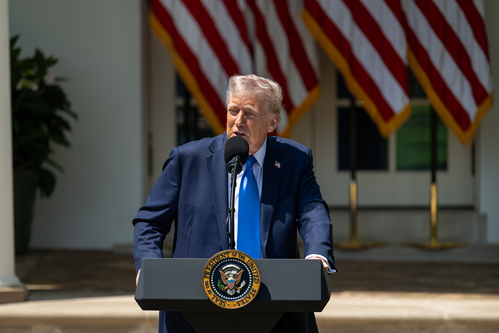 President Donald Trump delivers remarks at a National Day of Prayer event, May 1, 2025, in the White House Rose Garden. (Official White House Photo/Molly Riley)