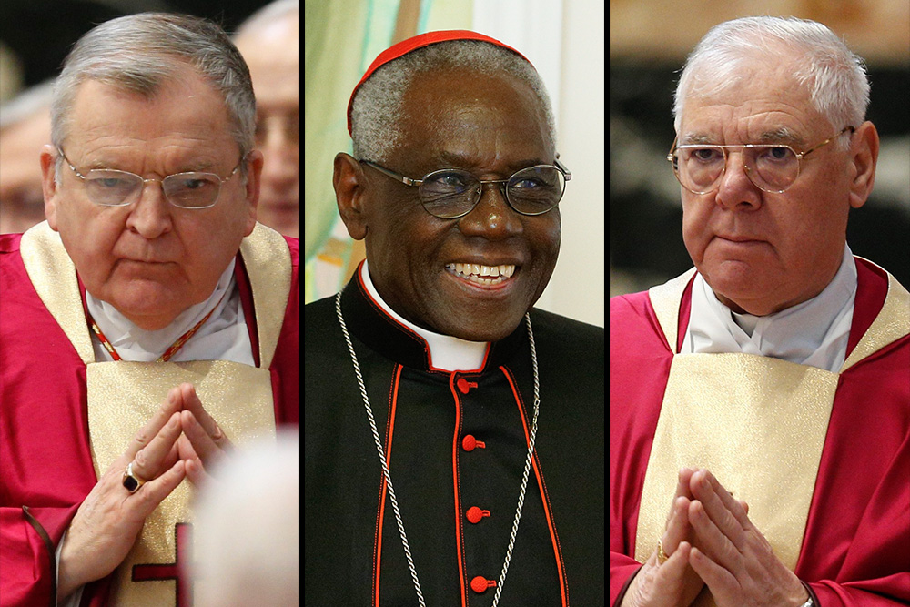 From left: Cardinals Raymond Burke, Robert Sarah and Gerhard Müller are three leading conservative prelates who hold views in favor of the Latin Mass. (CNS photos/Paul Haring)