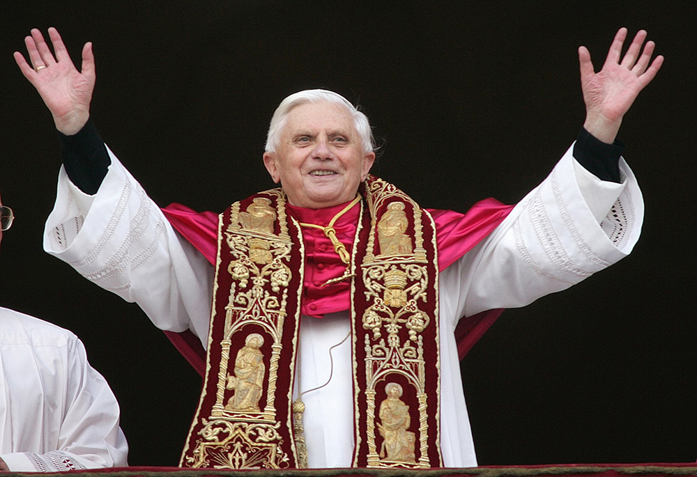 Pope Benedict XVI greets the world from St. Peter's Basilica after his election April 29, 2005. (CNS/Reuters)