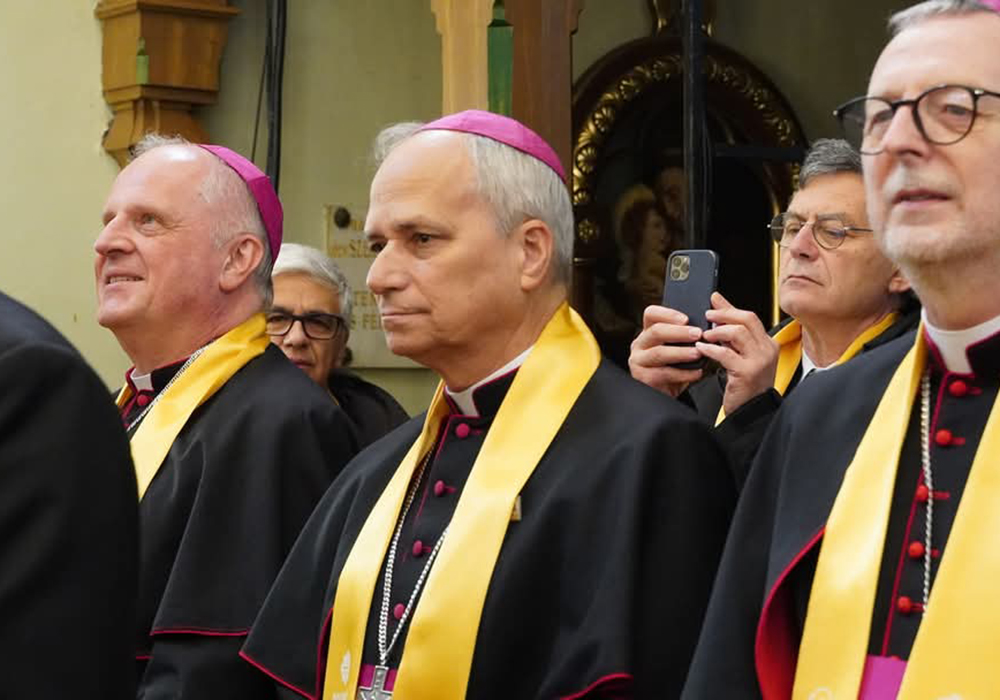Left to right: Archbishop Michael Wallace Banach, apostolic nuncio to Hungary, then-Archbishop Robert Francis Prevost, prefect of the Dicastery for Bishops, and then-Archbishop Claudio Gugerotti, prefect of the Dicastery for Eastern Churches at Protection of the Mother of God Greek Catholic Church in Budapest on April 29, 2023. Pope Francis made an apostolic visit to Hungary April 28-30, 2023. (Courtesy of Andras Kiraly)