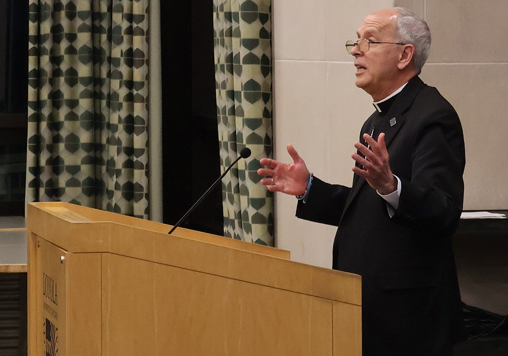 Bishop Mark Seitz of El Paso, Texas, gives the 2025 Cardinal Bernardin Common Cause lecture April 22 at Loyola University Chicago. His topic was "Image and Likenesses: Immigration, Dignity, and the Soul of America." (Courtesy of Hank Center for the Catholic Intellectual Heritage/Loyola University Chicago)
