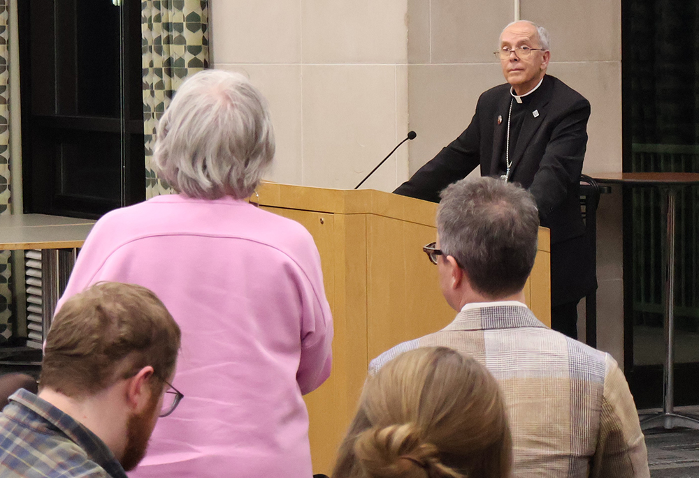 El Paso Bishop Mark Seitz listens to a question from an audience member April 22 at Loyola University Chicago. (Courtesy of Hank Center for the Catholic Intellectual Heritage/Loyola University Chicago)
