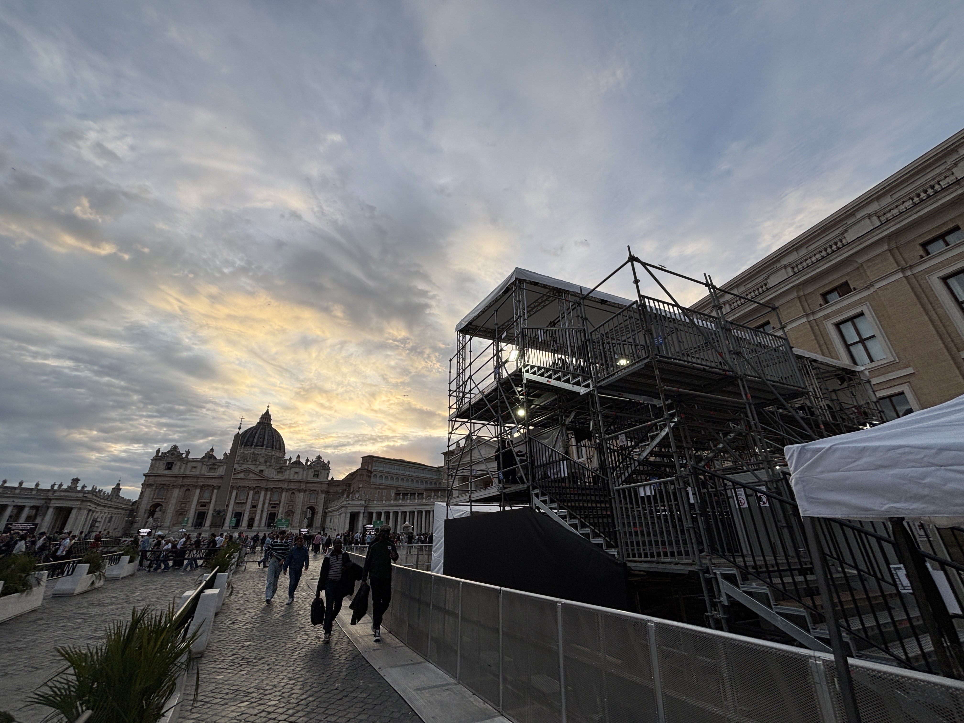 media tower in St. Peter's Square St. Peter's Square on Friday, with a media tower seen in foreground, set up for the funeral of Pope Francis and coverage of the conclave set to begin Wednesday evening, May 7. (NCR photo/James V. Grimaldi)