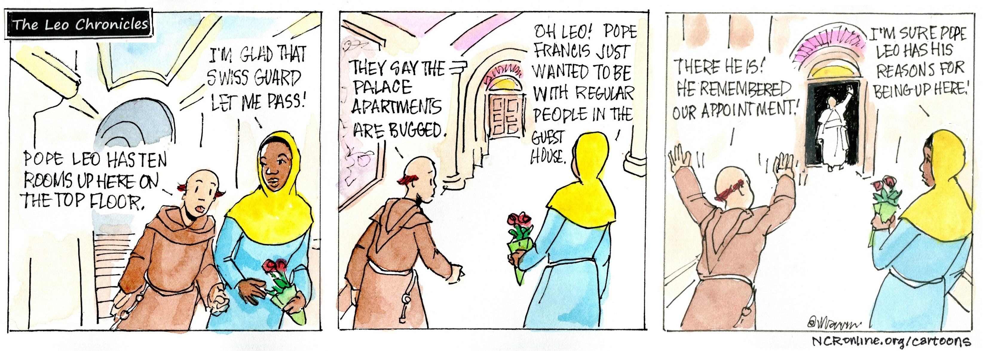 Brother Leo and Gabby make their way up to the papal apartments in the Apostolic Palace.