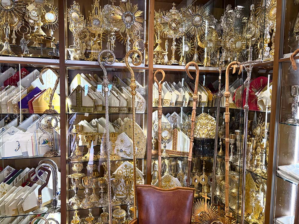 Croziers and mitres displayed in Raniero Mancinelli's store in Rome. Mancinelli's clients count more than 2,000 bishops coming from all over the world. (Camillo Barone)