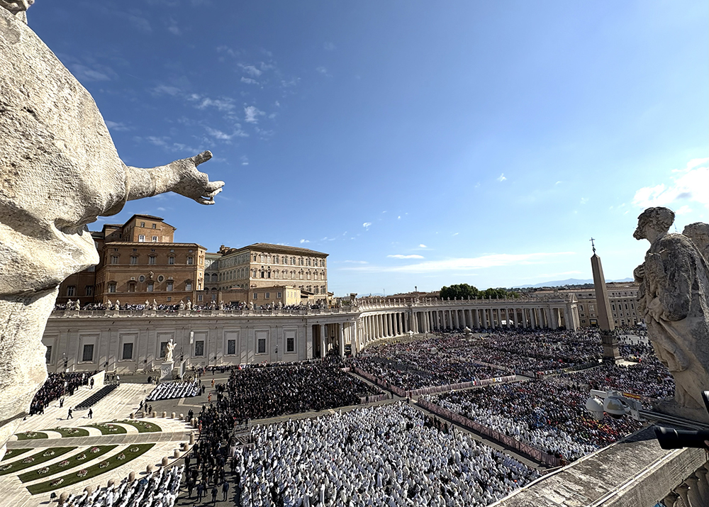 A view from above of the pilgrims gathered in St. Peter's Square at the Vatican during the installation Mass of Pope Leo XIV on May 18, 2025 (NCR photo/Camillo Barone)