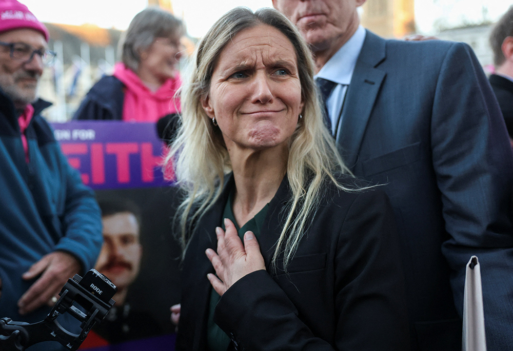 Lawmaker Kim Leadbeater reacts during a demonstration in support of an assisted suicide bill, which she introduced, outside the British Parliament after lawmakers voted in favor of the law, in London on Nov. 29, 2024. (OSV News/Reuters/Mina Kim)