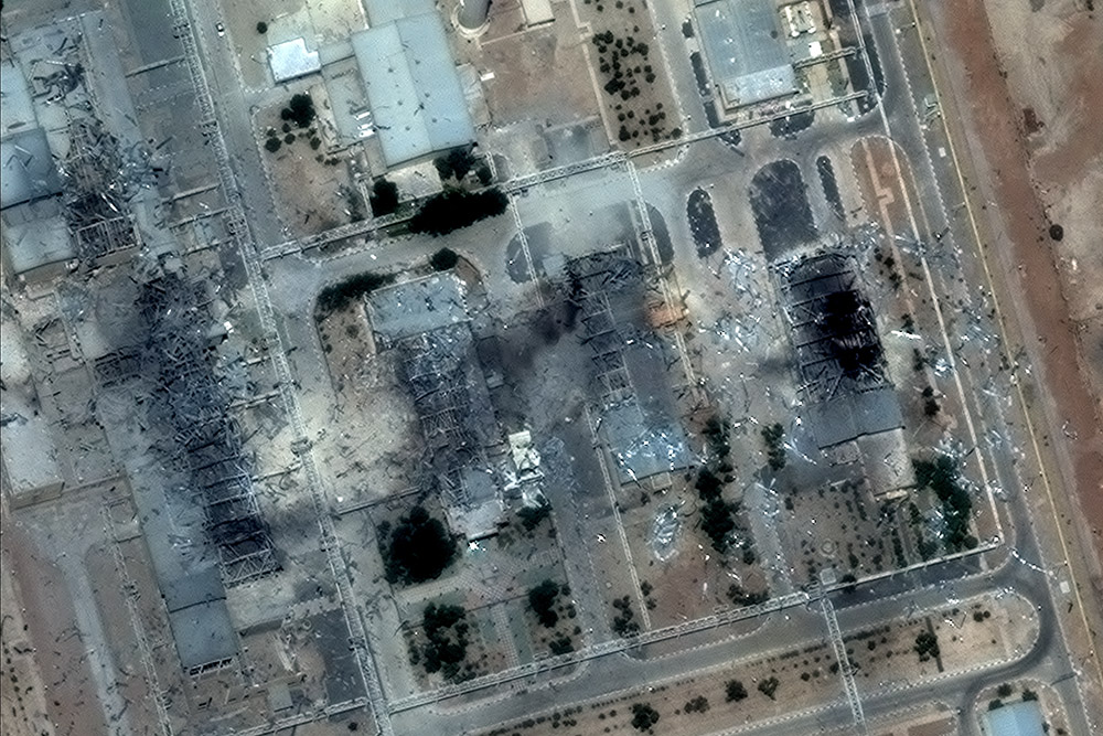 Satellite image shows a close up view of destroyed buildings at Isfahan Nuclear Technology Center, after it was hit by U.S. airstrikes, in Isfahan, Iran, June 22, 2025. (OSV News/Handout via Reuters/Maxar Technologies)