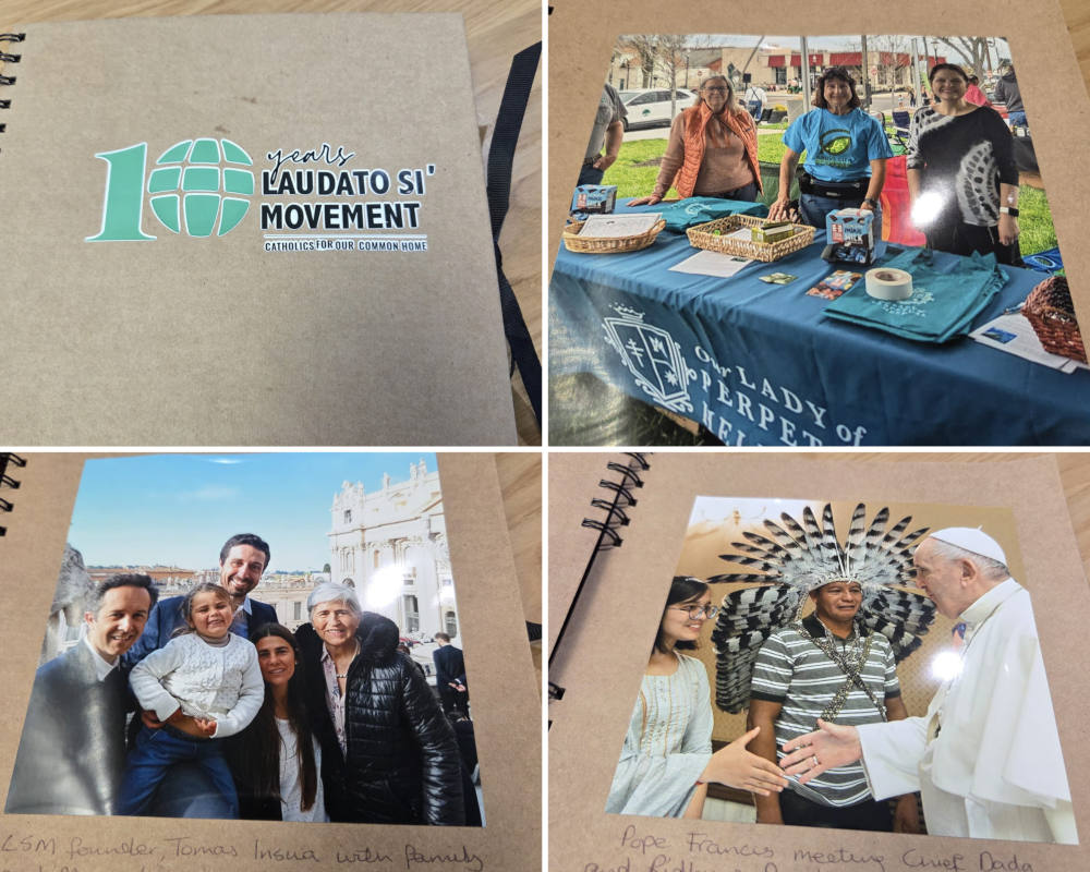 Pages from a scrapbook documenting environmental efforts of the past decade by the Laudato Si' Movement. The book was presented to Pope Leo XIV during his May 29 general audience in St. Peter's Square. (Courtesy of Laudato Si' Movement)