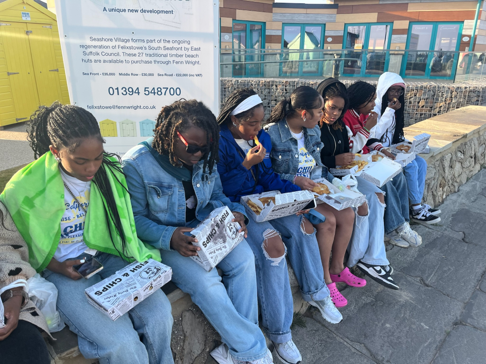 Students partake in traditional Fish & Chips in Felixstowe. During their time in the U.K., students partook in traditional Fish & Chips several times, including here by the sea in Felixstowe.