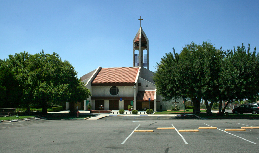 An undated photograph shows St. Adelaide Catholic Church in Highland, California. Diocesan officials say a group of men were detained in the church's parking lot after being chased there by federal immigration agents on June 20. (San Bernardino Diocese)