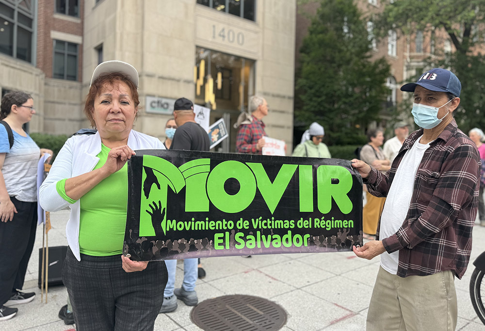 Consuelo Gómez, left, a Catholic Salvadoran mother of two sons captured during a crackdown in El Salvador, protests outside the Salvadoran embassy in Washington, D.C., May 30, 2025. Gómez said she welcomed news of Salvadoran bishops' pastoral letter saying the country's prisons shouldn't be used to advance another country's anti-immigrant agenda. (NCR photo/Rhina Guidos)