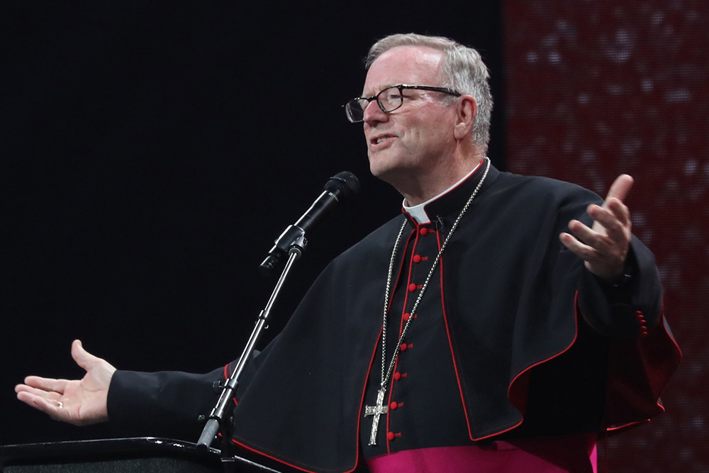 Bishop Robert Barron of Winona-Rochester, Minn., speaks during the July 20, 2024, revival night of the National Eucharistic Congress in Indianapolis. Barron is scheduled to receive the Josef Pieper Prize in Germany July 27, 2025. (OSV News/Bob Roller)