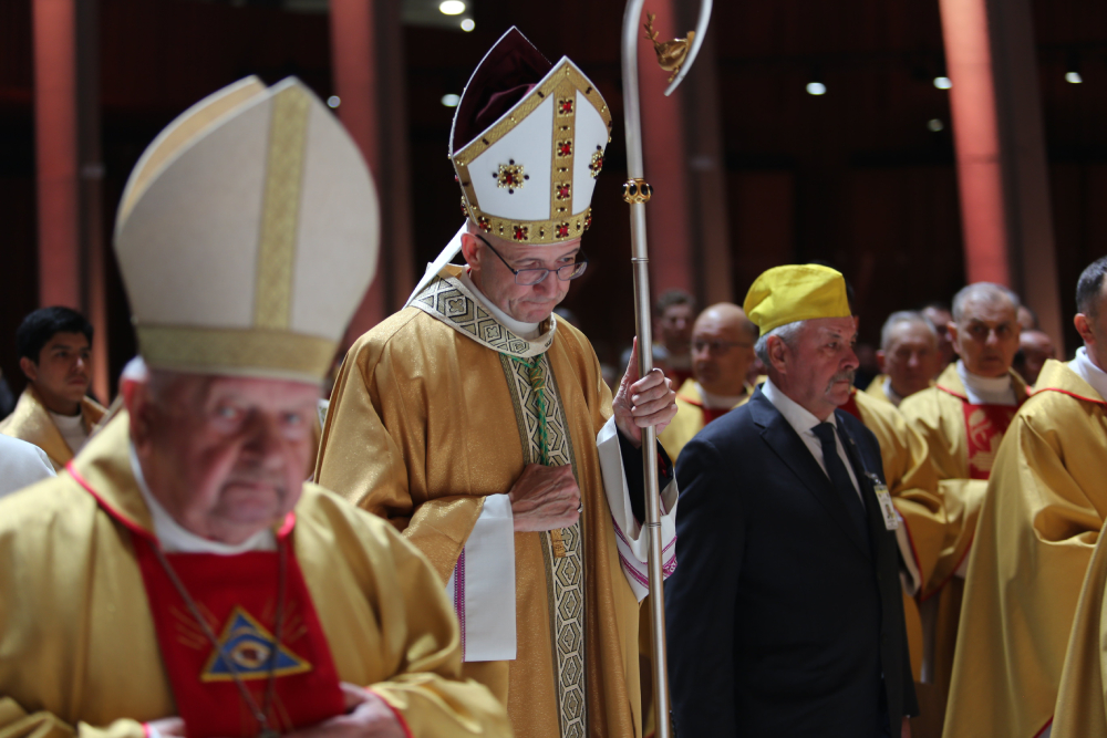 Archbishop Adrian Galbas of Warsaw, Poland, prays during Mass March 13, 2025 Archbishop Adrian Galbas of Warsaw, Poland, prays during Mass March 13, 2025, in Warsaw's Temple of Divine Providence. Archbishop Galbas in a July 25 statement said that he was "devastated and crushed" by the arrest of a diocesan priest in the brutal murder of a homeless man July 24 and the priest's confession to police he did it. (OSV News/courtesy Polish bishops' conference)