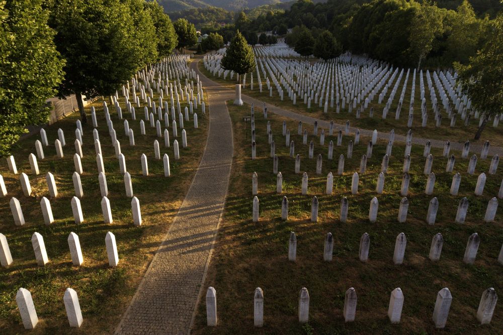 An aerial view of the Srebrenica Genocide Memorial Center in Potocari, Bosnia. An aerial view of the Srebrenica Genocide Memorial Center in Potocari, Bosnia.