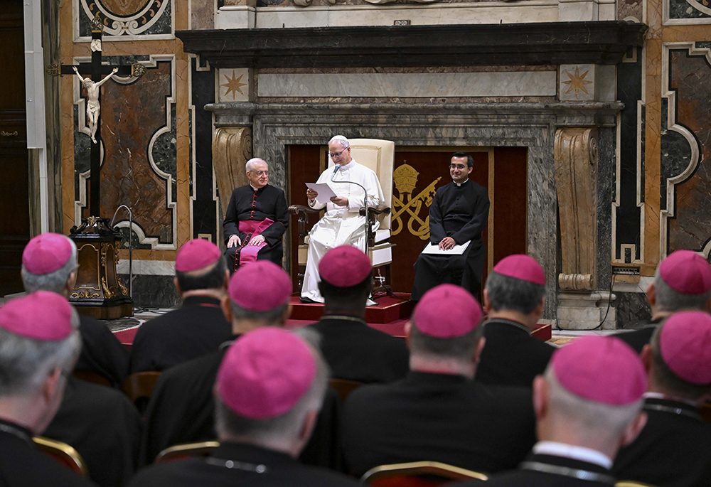 Pope Leo XIV speaks to apostolic nuncios and other papal diplomats during an audience at the Vatican on June 10, 2025. (CNS/Vatican Media)
