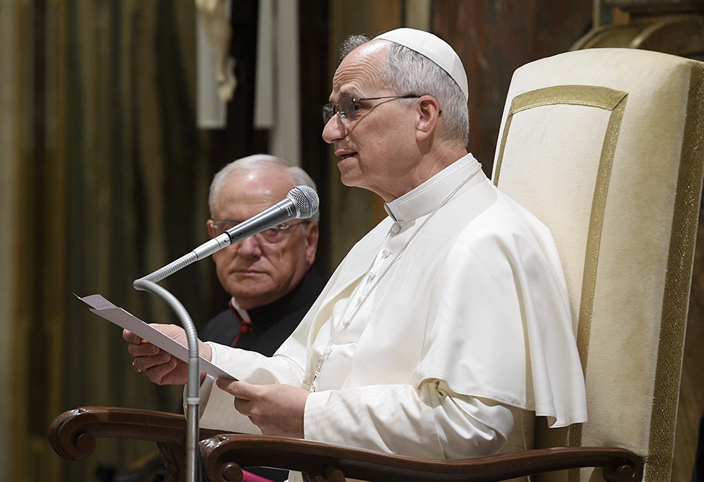 Pope Leo XIV speaks to apostolic nuncios and other papal diplomats during an audience at the Vatican on June 10, 2025. (CNS/Vatican Media)