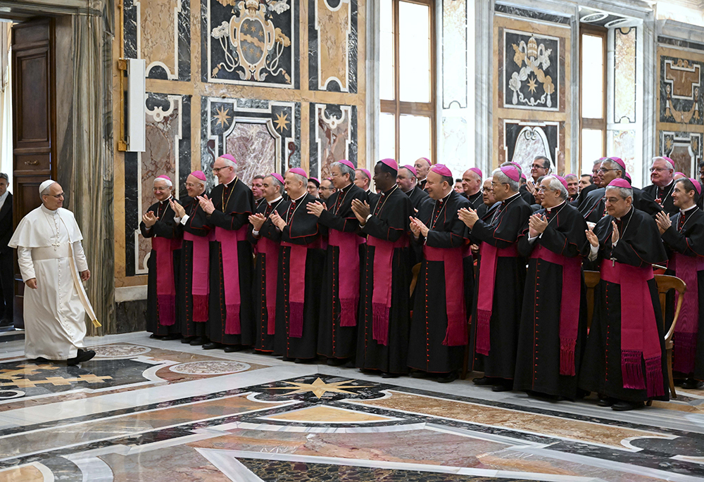 Pope Leo XIV arrives for an audience at the Vatican with apostolic nuncios and other papal diplomats on June 10, 2025. (CNS photo/Vatican Media)