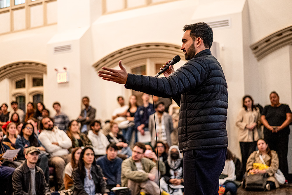Zohran Mamdani speaks at a Democratic Socialists of America meeting at the Church of the Village in New York City Nov. 11, 2024. (Wikimedia Commons/Bingjiefu He)