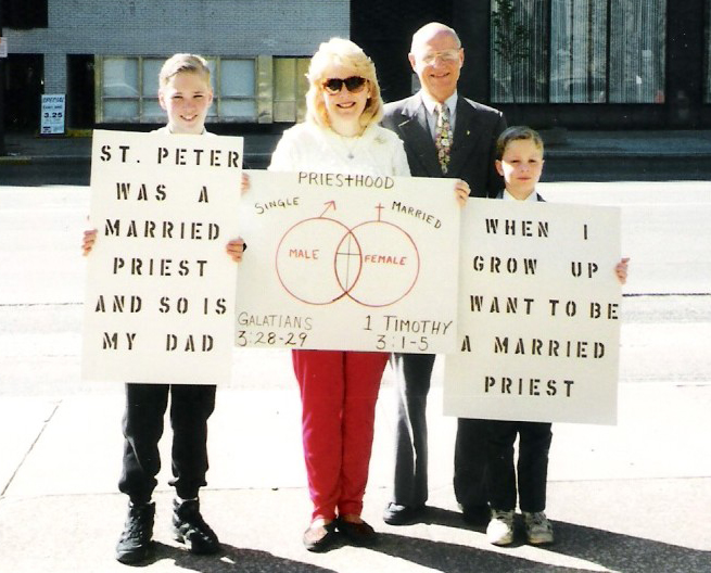 Phil and Linda Marcin are joined by their sons Phillip, far left, and Joshua, at right, for an annual family witness for married priests, outside St. John the Evangelist Cathedral in Cleveland in 1996, on the day of the priestly ordination Mass. (Courtesy of Phil and Linda Marcin)