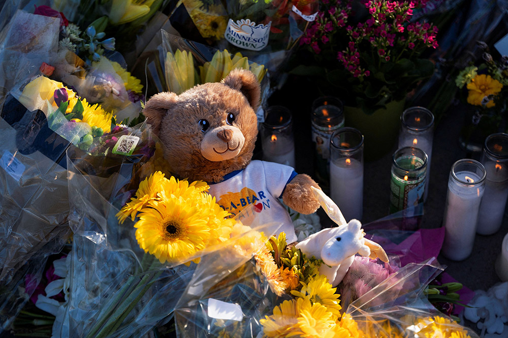 A teddy bear is seen at a makeshift memorial at Annunciation Church in Minneapolis Aug. 28, 2025, following a shooting the previous day. (OSV News/Reuters/Tim Evans)