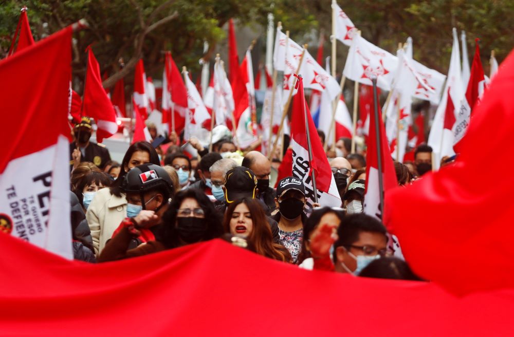 People gather Sept. 12, 2021, in Lima, Peru, to commemorate the 29th anniversary of the capture of Abimael Guzmán, founder of Peruvian rebel group Shining Path.