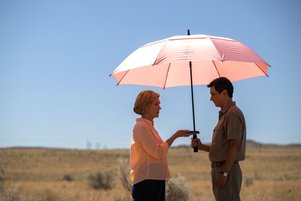 Rhea Seehorn and Carlos Manuel Vesga star in Vince Gilligan's "Pluribus" on Apple TV. (Apple TV)