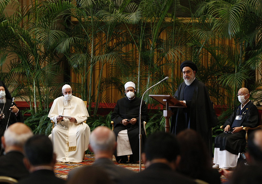 Ayatollah Seyed Mostafa Mohaghegh Damad of Iran addresses the meeting, "Faith and Science: Towards COP26," with Pope Francis and religious leaders in the Hall of Benedictions at the Vatican Oct. 4, 2021. The meeting was part of the run-up to the U.N. Climate Change Conference, called COP26, in Glasgow, Scotland, Oct. 31 to Nov. 12, 2021. (CNS/Paul Haring)