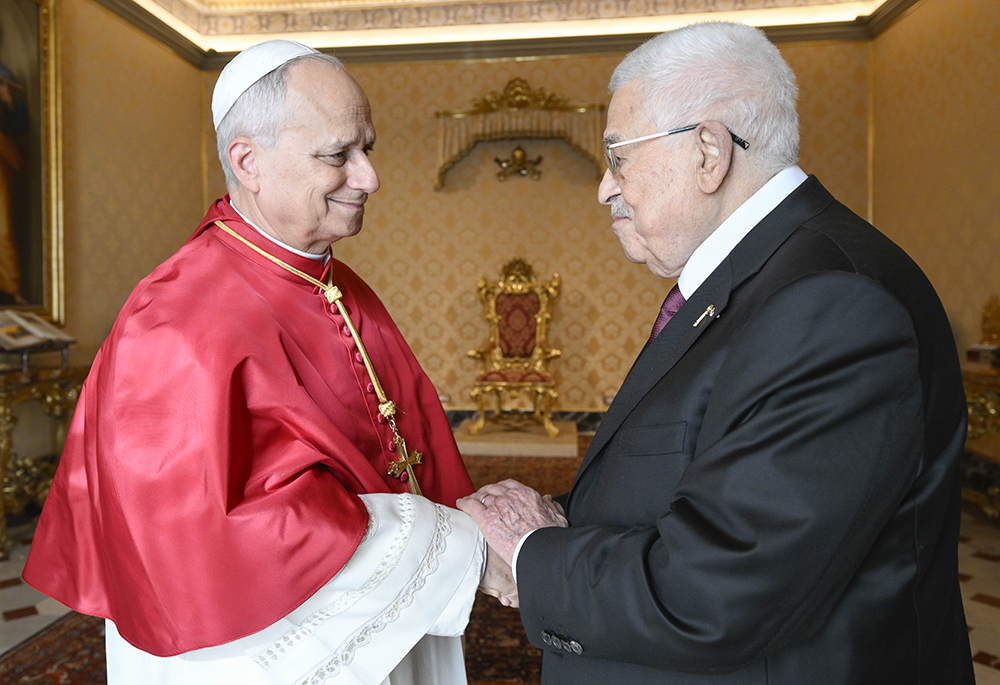 Pope Leo XIV welcomes Palestinian President Mahmoud Abbas to a meeting in the Apostolic Palace at the Vatican Nov. 6, 2025. (CNS/Vatican Media)